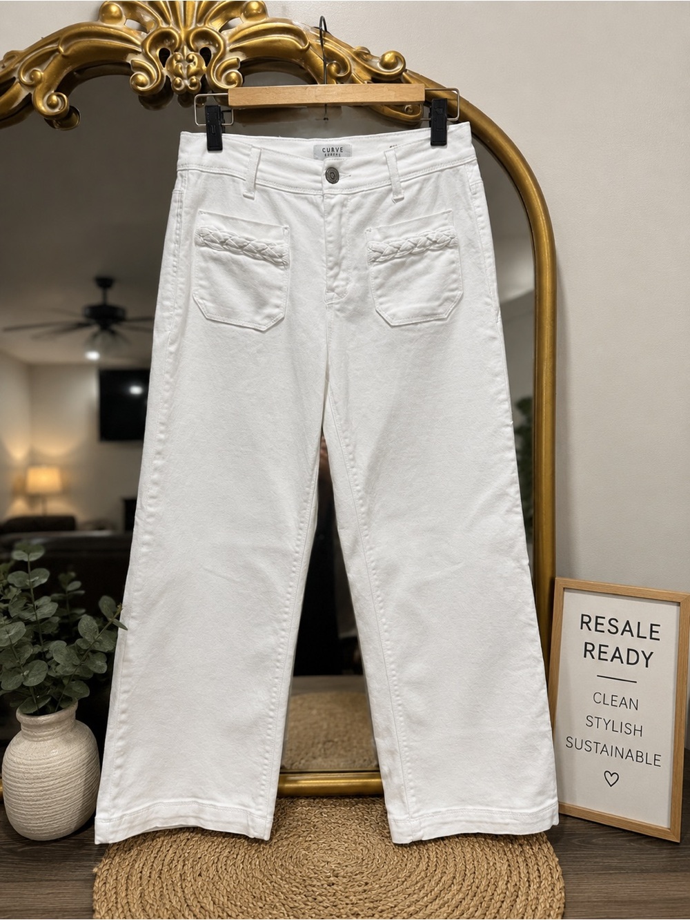 Curve Appeal  White High Rose  Wide-Leg Jeans with Braided Pocket Detail